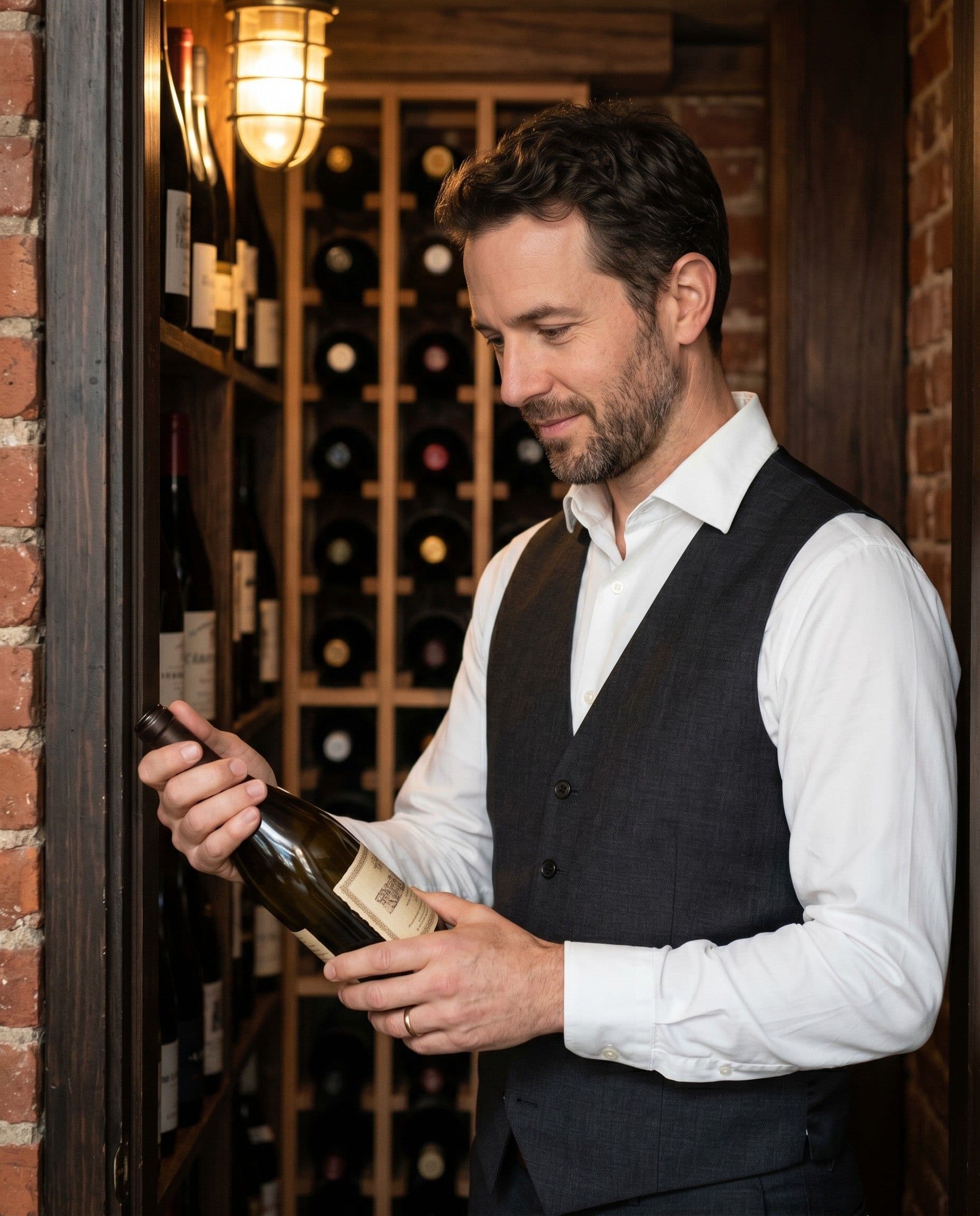 Sommelier Eli Marin in a button-down shirt, three-quarter profile against the cellar wall.