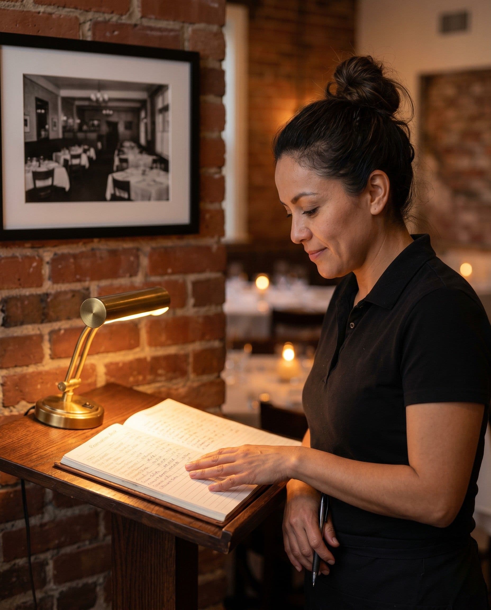 GM Marisol Garcia at the host stand, warm half-smile, dining room blurred behind her.
