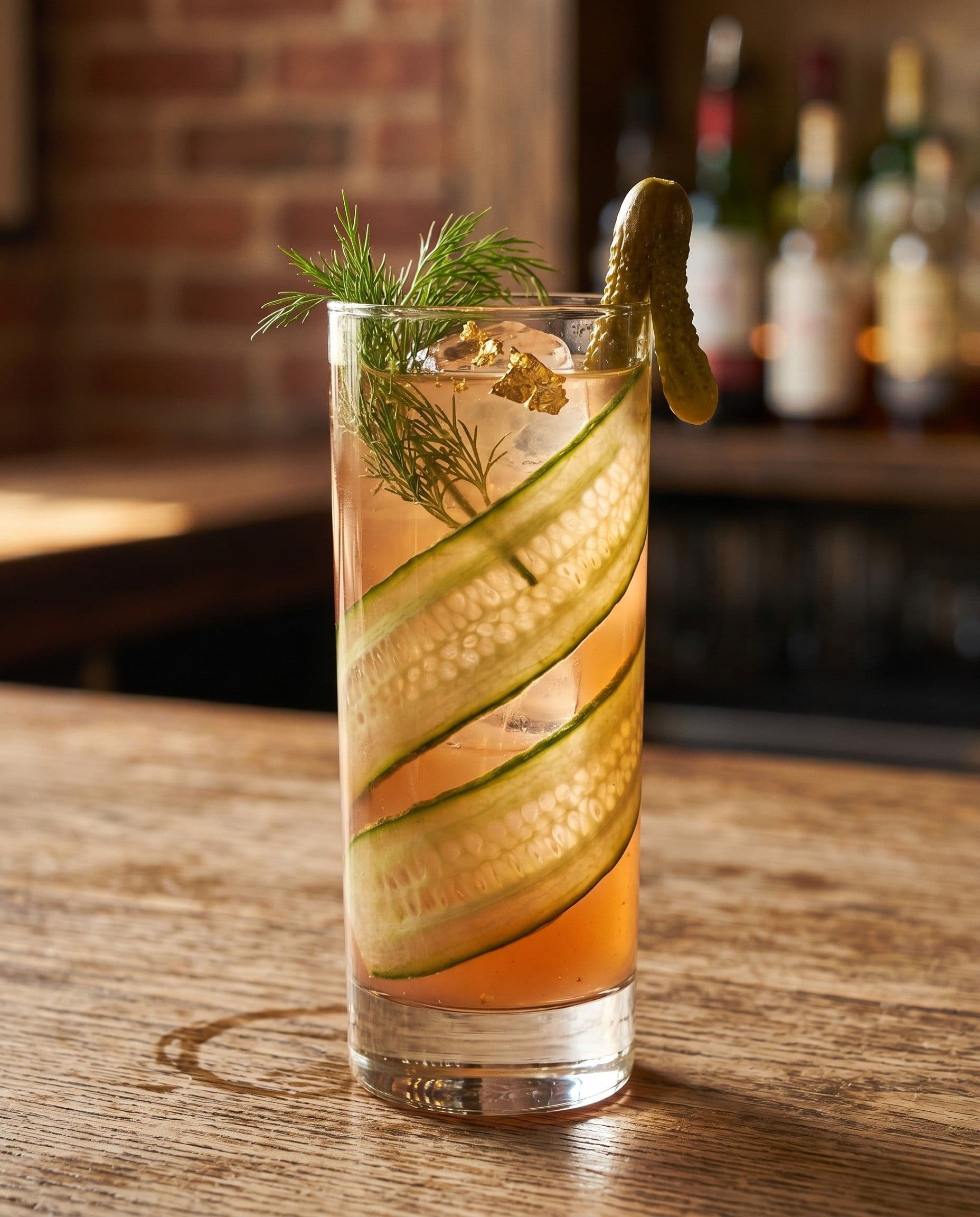 The Big Wood bloody mary — pickle-brine base with cucumber ribbons, dill, gold leaf garnish, photographed against the bar.