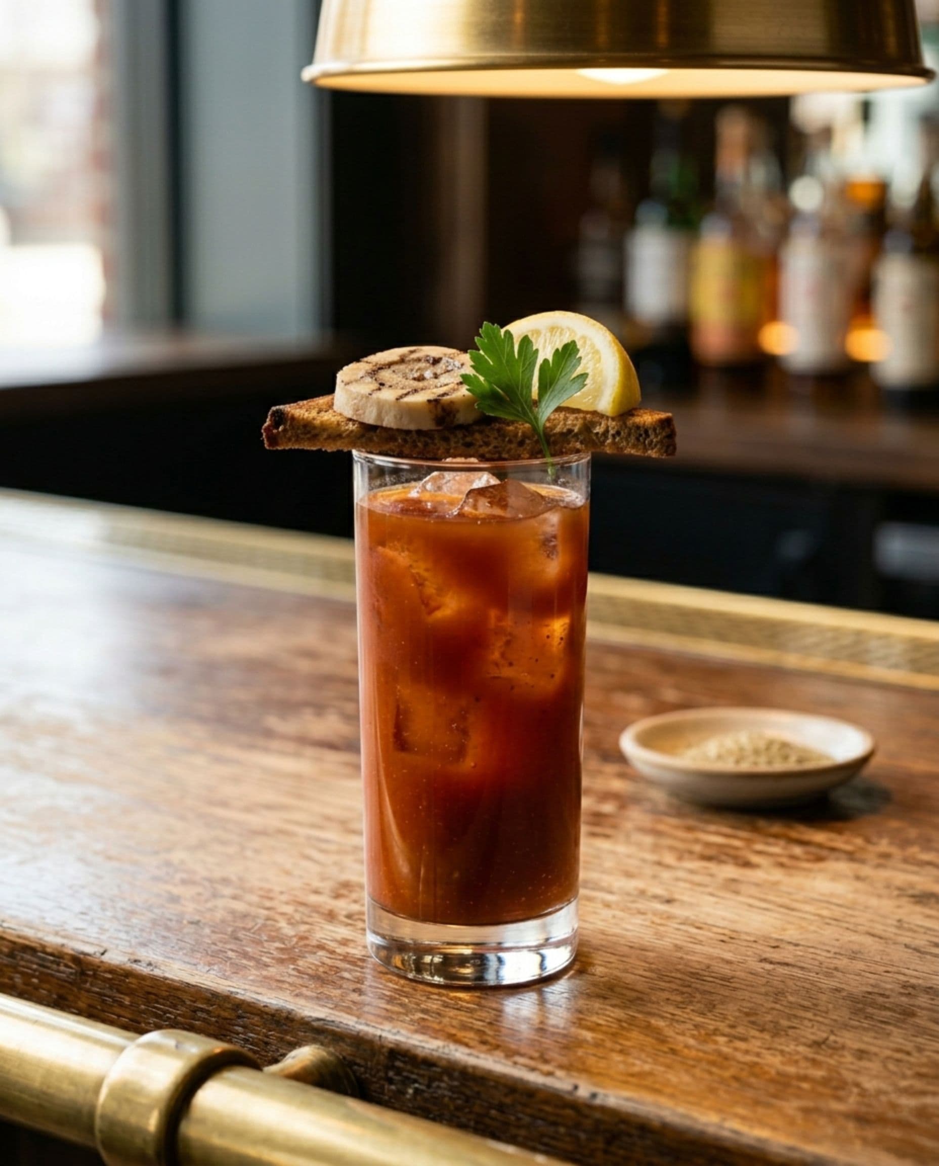 The Bull's Eye bloody mary — rich brown-red beef-broth base, beef-fat-washed vodka, photographed in warm bar light.
