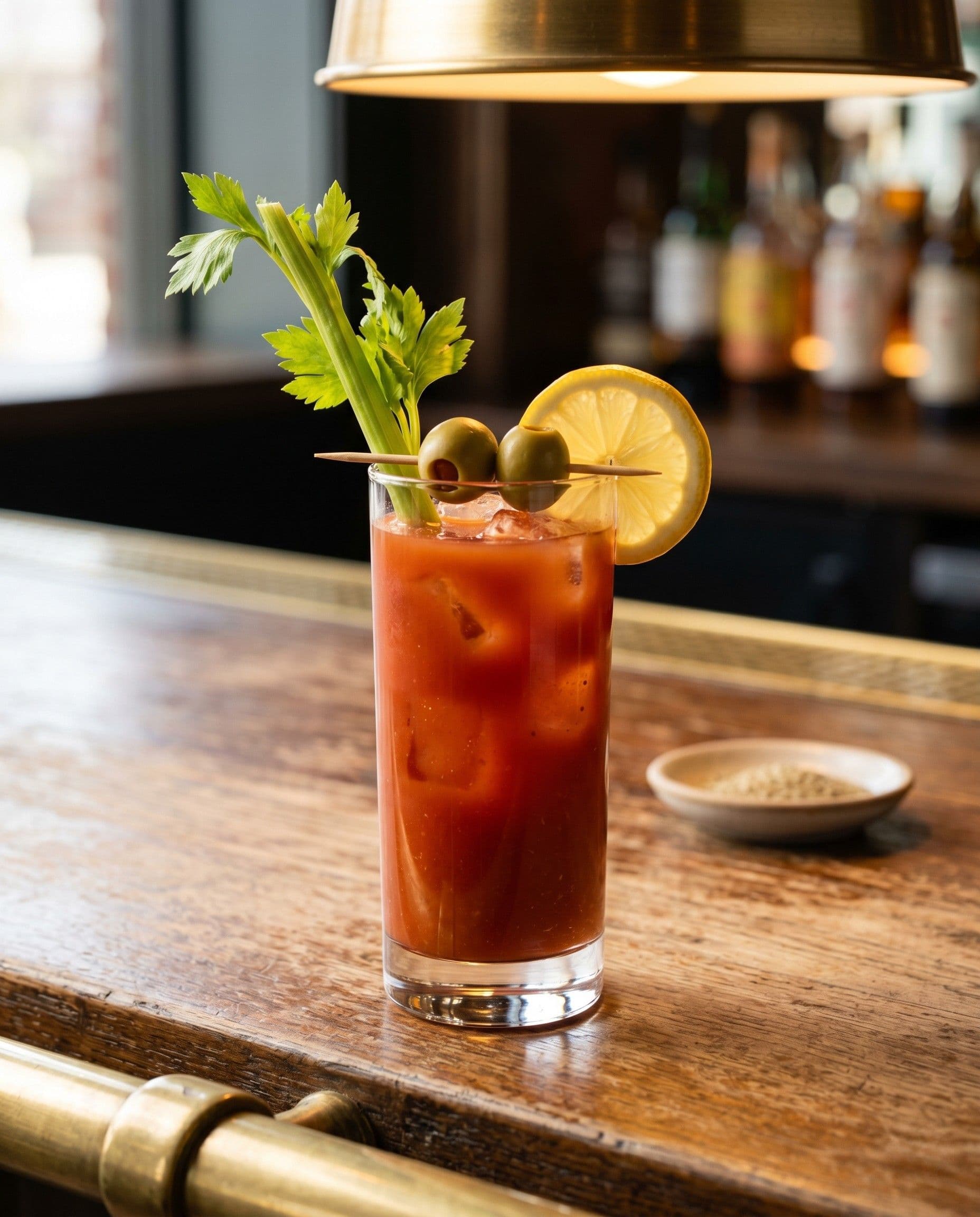 The Classic bloody mary in service light at the bar — house tomato base, celery stalk, lemon wedge, photographed against warm tungsten backbar.