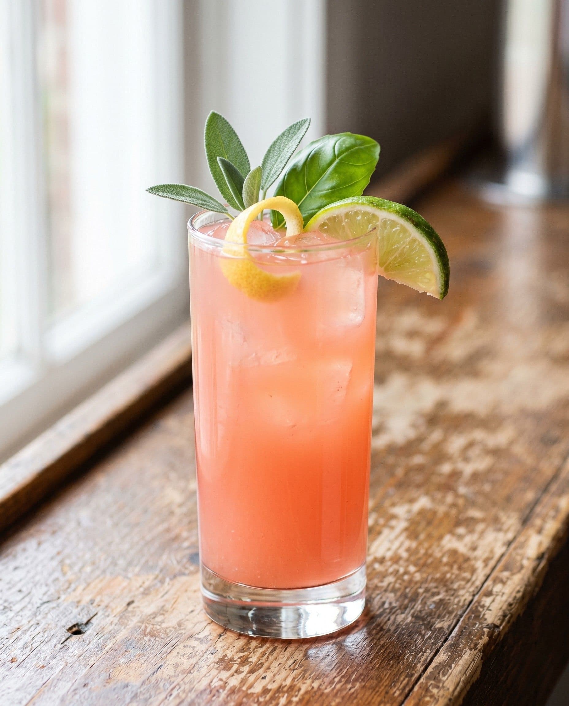 The Sage bloody mary — sage-infused gin base with basil and lemon, lightest of the six, photographed in soft service light.