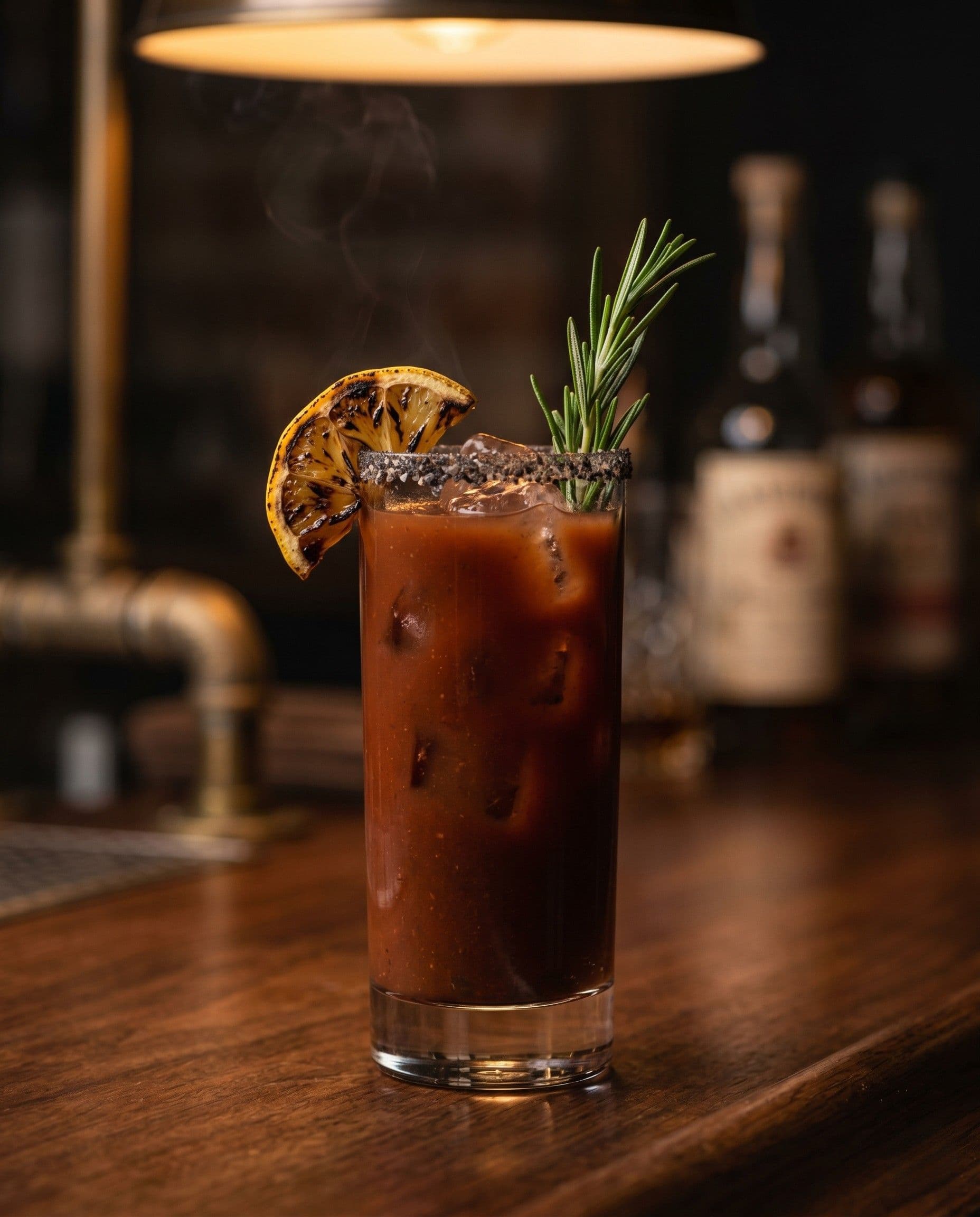 The Smoked bloody mary — mezcal-spiked, smoked salt rim, charred lemon wheel, photographed against a dark bar with warm light.