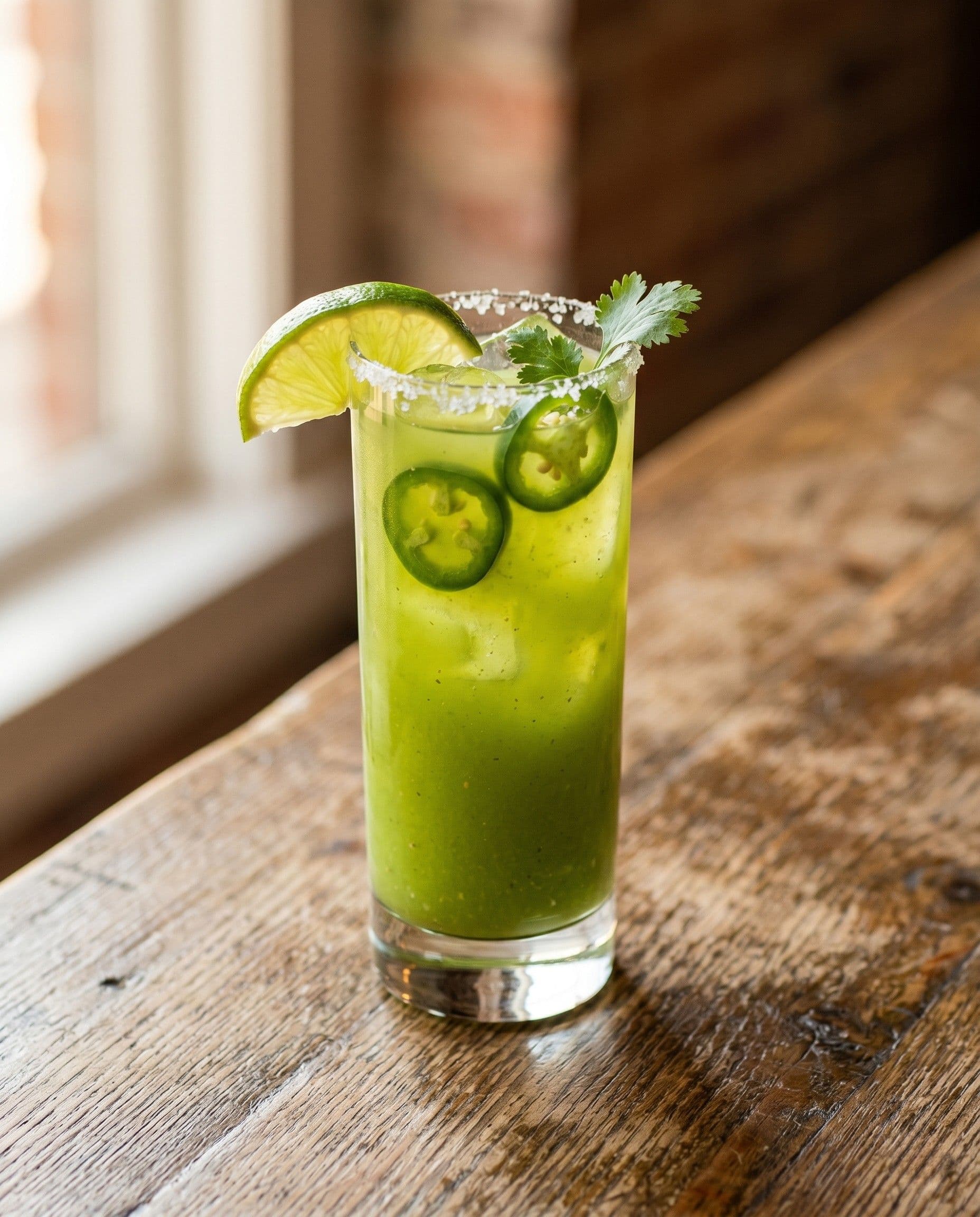 The Sun Valley bloody mary — green tomatillo and jalapeño base with blanco tequila, photographed in service light.