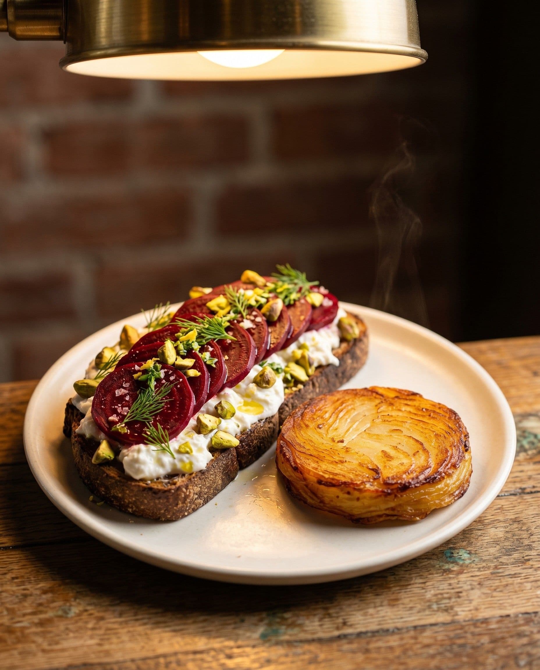 The Beet signature toast — burrata, roasted red beet, pistachio, and dill on dark sourdough, served with a small golden Pommes Anna disc on the side.