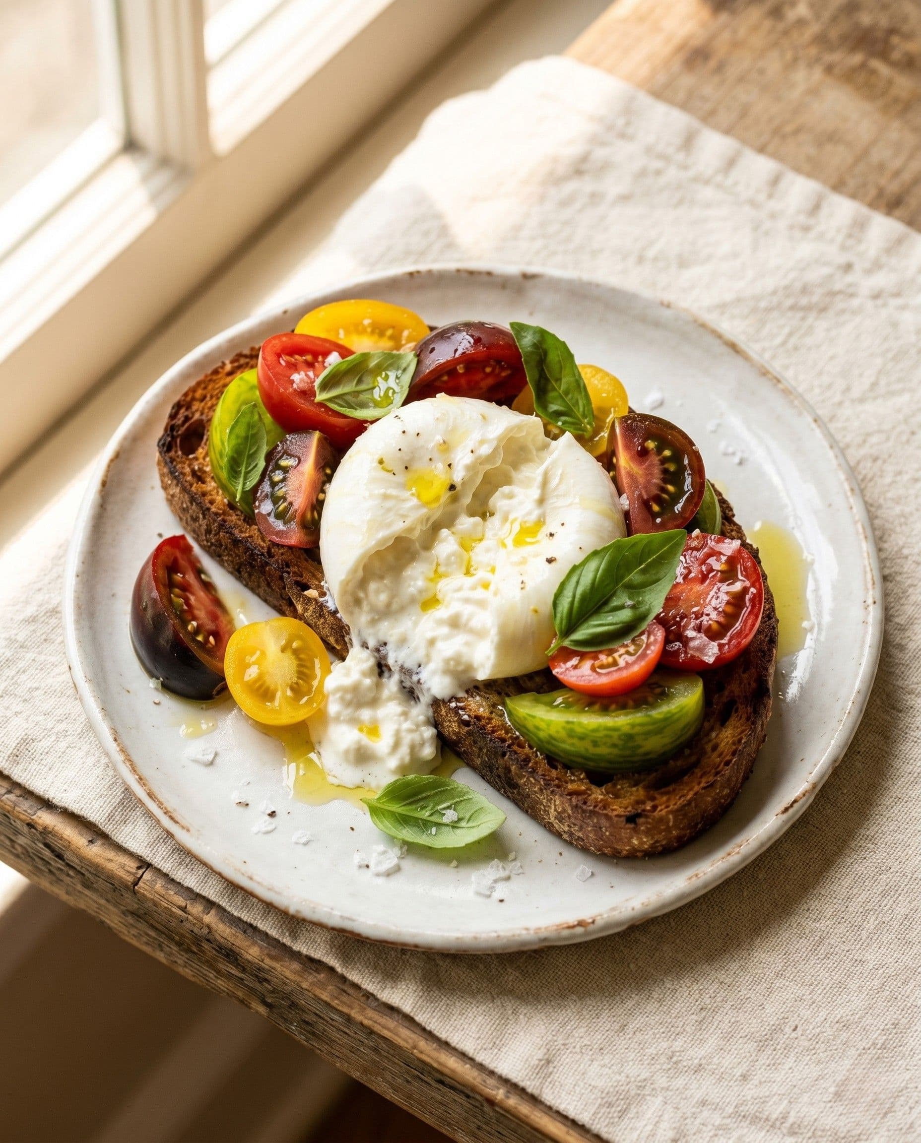 Burrata and heirloom tomato toast — torn burrata, late-summer heirlooms, basil oil, sea salt on country bread.