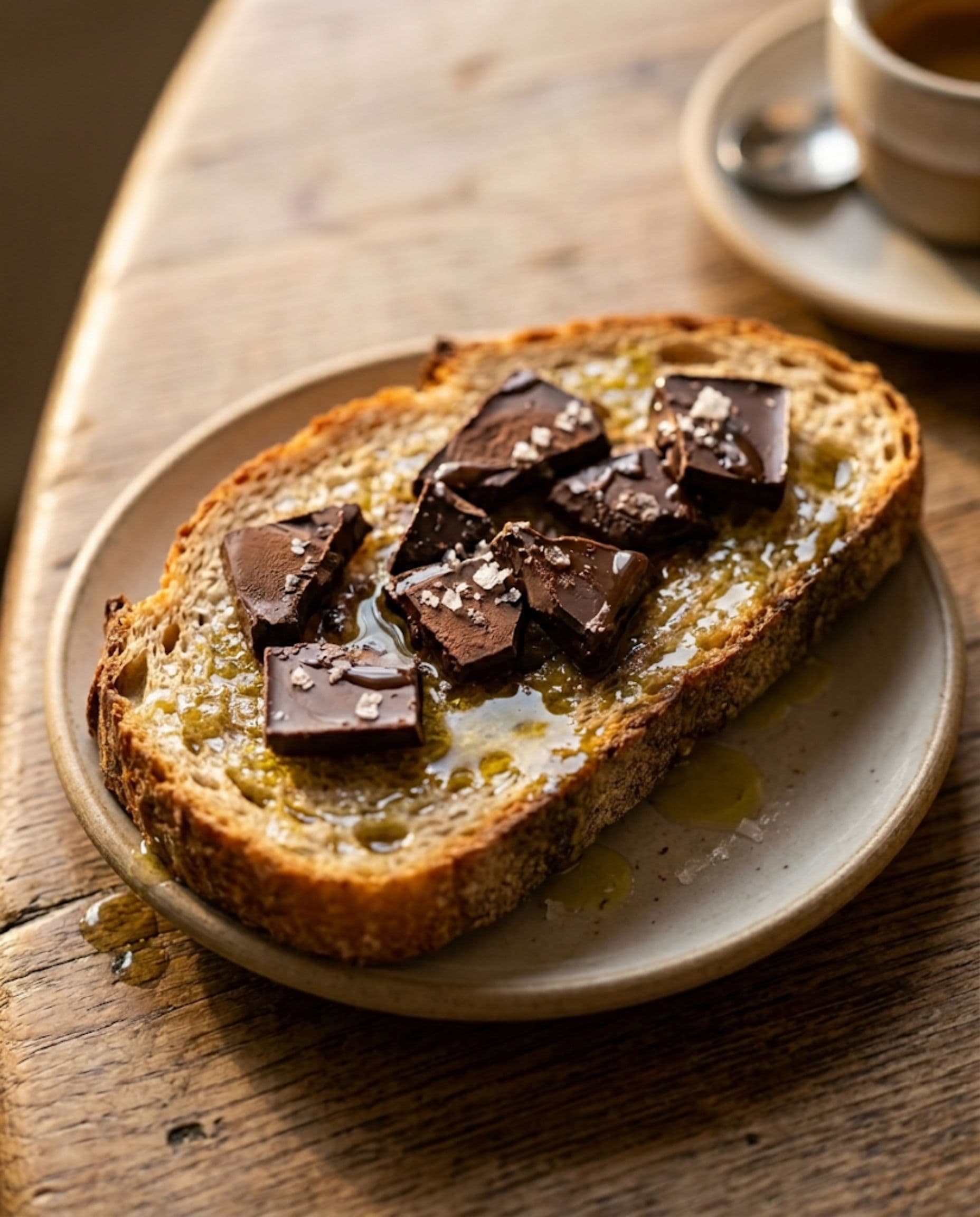 Dark chocolate and olive oil toast on country sourdough — 70% dark chocolate broken across the slice, fruity olive oil, Maldon salt flakes.