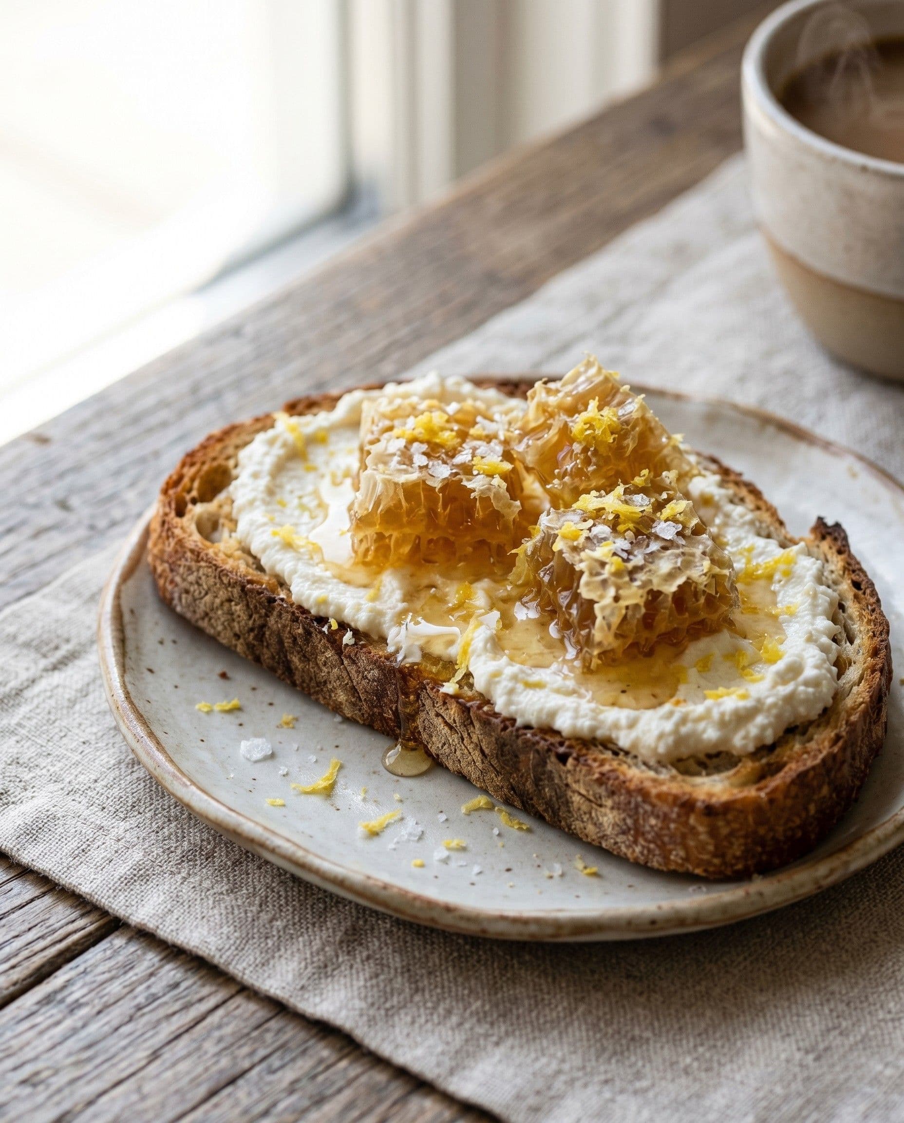 Honey and ricotta toast on country sourdough — Pioneer Mountain honeycomb visible on top, fresh ricotta, lemon zest, photographed in warm service light.