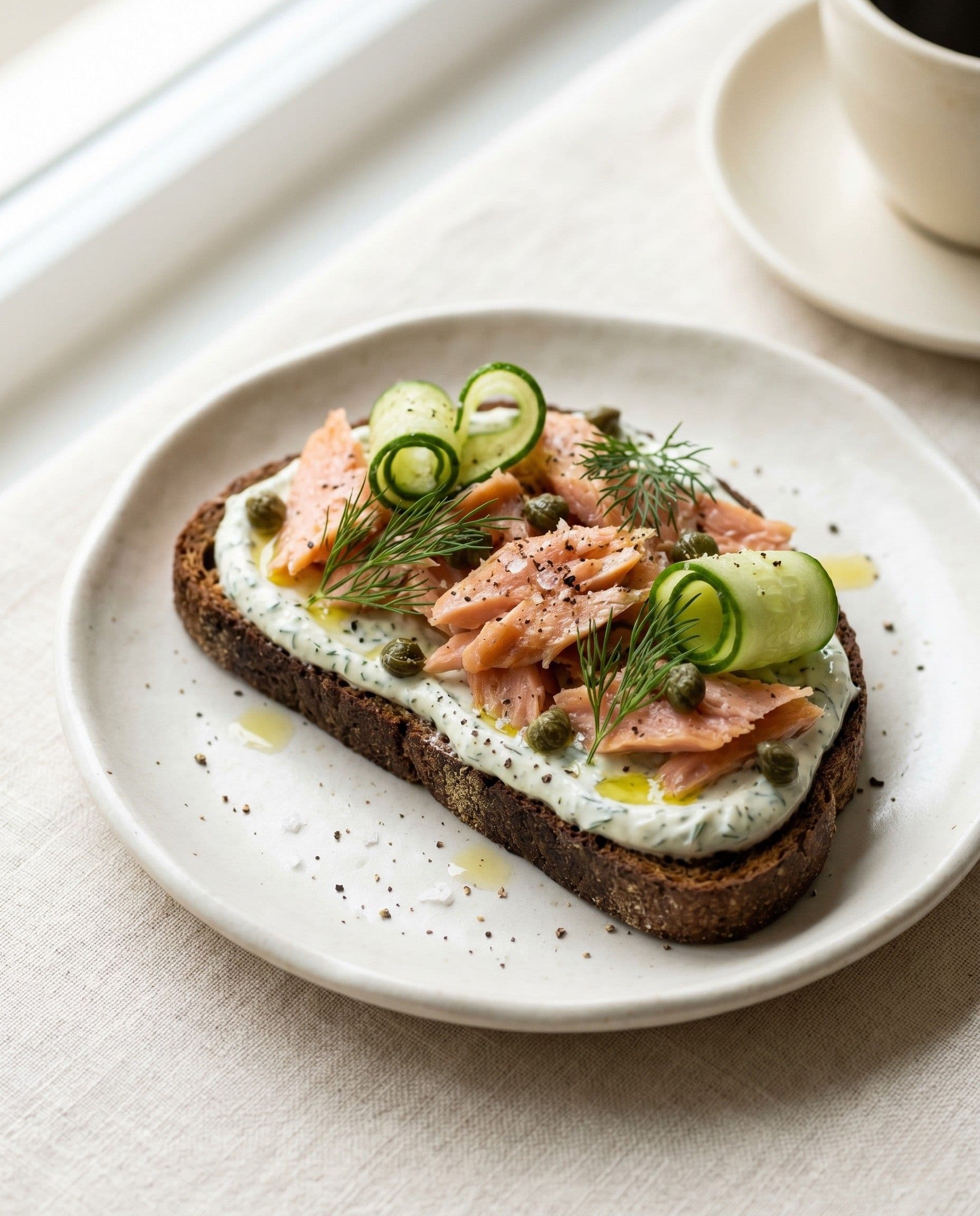 Smoked trout and dill cream on rye toast — Hagerman trout smoked in-house, pickled shallot, warm service light.