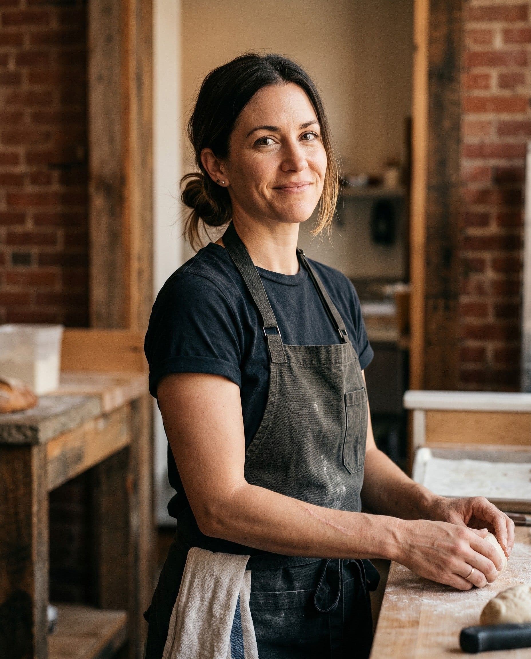 Chef-owner Sage Ellsworth at the pass, photographed in warm kitchen light.