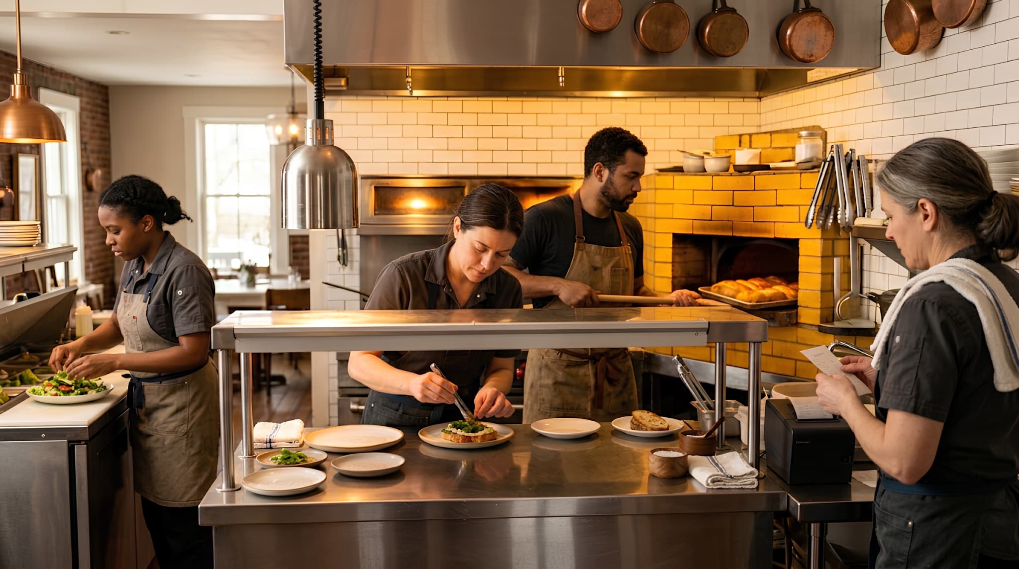 Kitchen mid-service — Sage at the pass plating a toast, line cooks at the toast oven and cold station, expediter at the printer, copper pots overhead in warm service light.