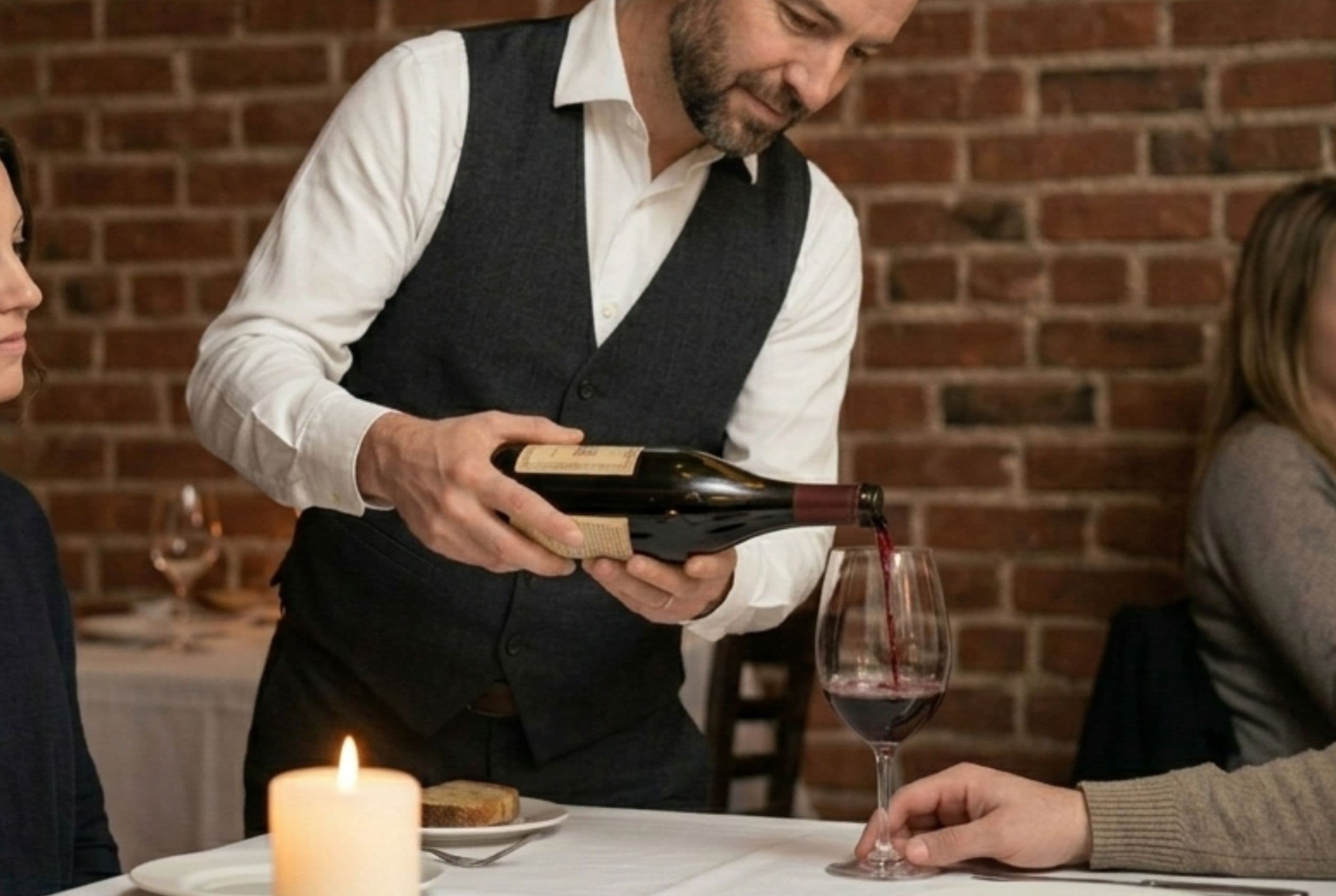 Sommelier Eli Marin pouring wine table-side during evening service.